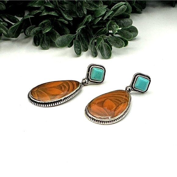 Drop Earrings With Brown Floral Swirl Teardrop & Turquoise Color Square Stones - Picture 1 of 8